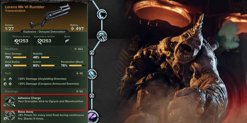 Darktide - Adhesive Charge Blessing Next To Image Of Plague Ogryn