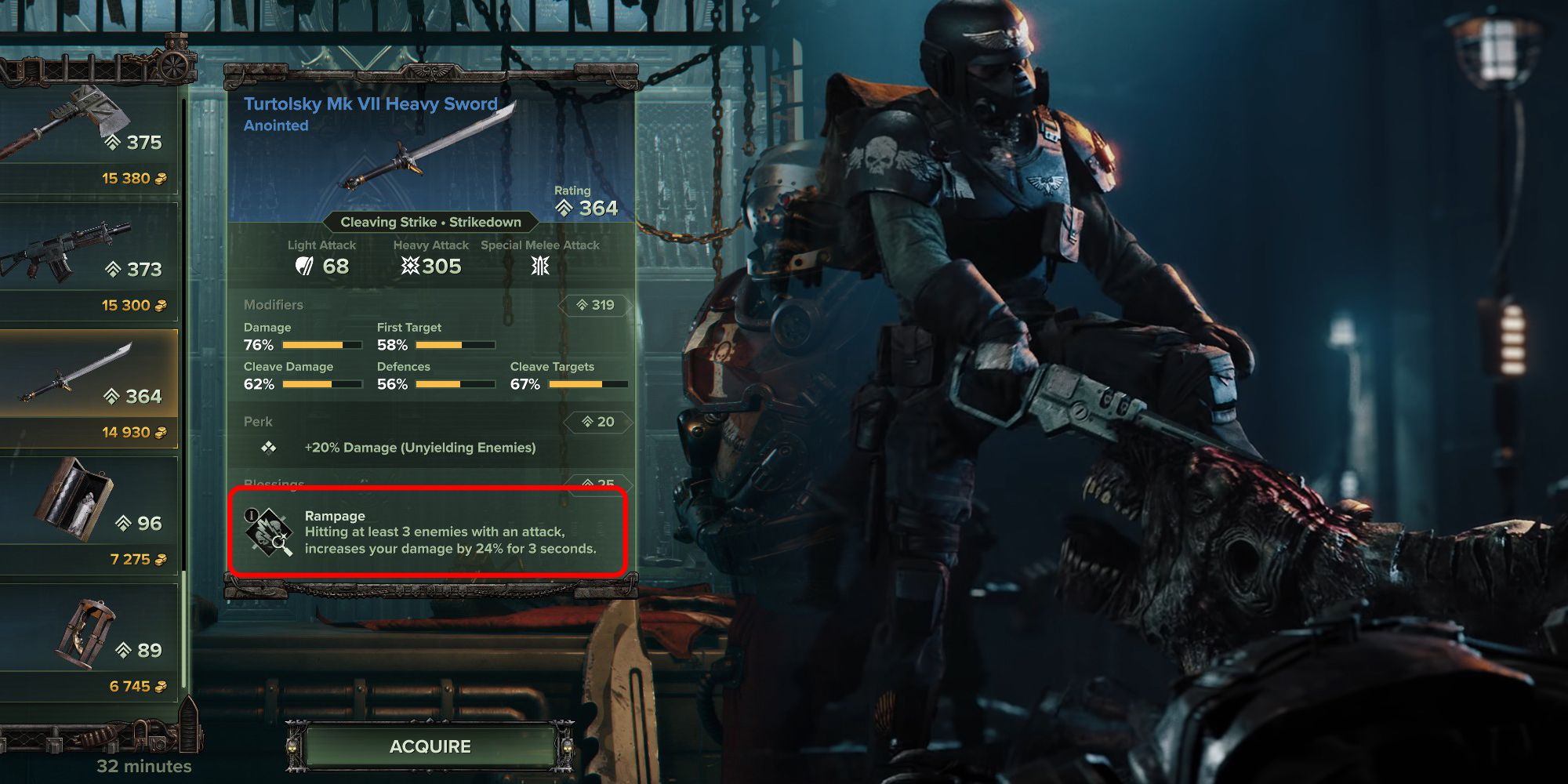 Darktide - Rampage Blessing Next To Image Of Cinematic Trailer Of Weapon Stuck In Pox Hound Corpse