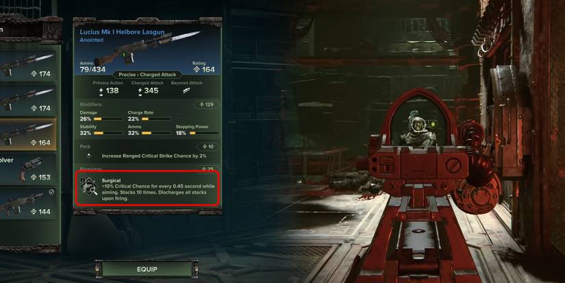 Darktide - Surgical Blessing Next To Image Of Veteran Aiming Down Sights