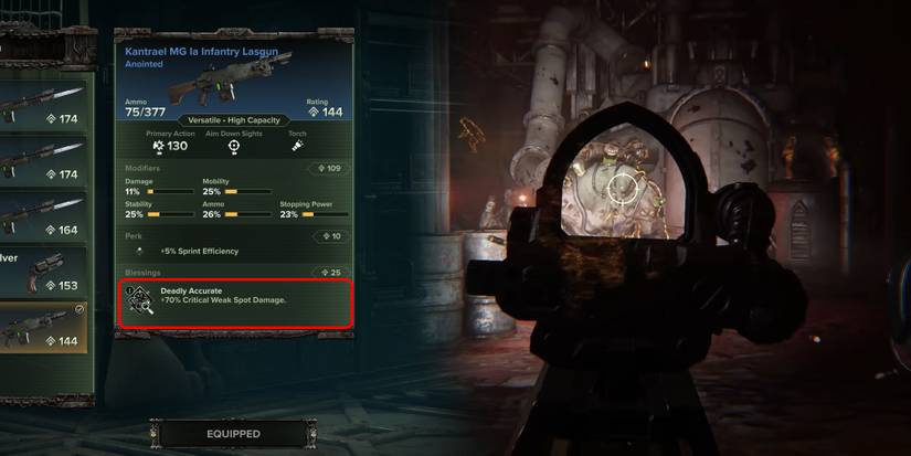 Darktide - Surgical Blessing Next To Image Of Veteran Firing At Mutant Weakspot