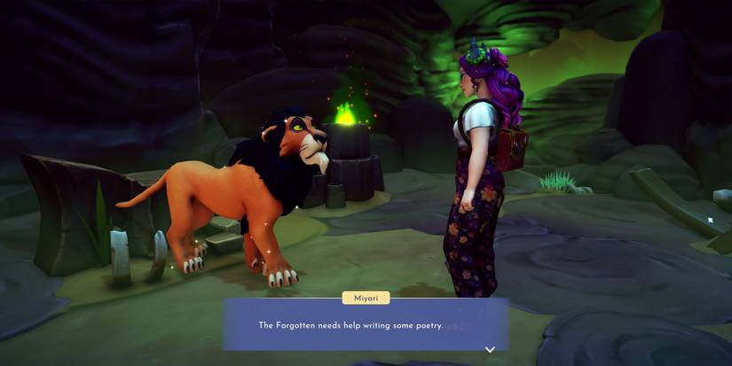 Speaking with Scar for the quest Poetic License in Disney Dreamlight Valley.