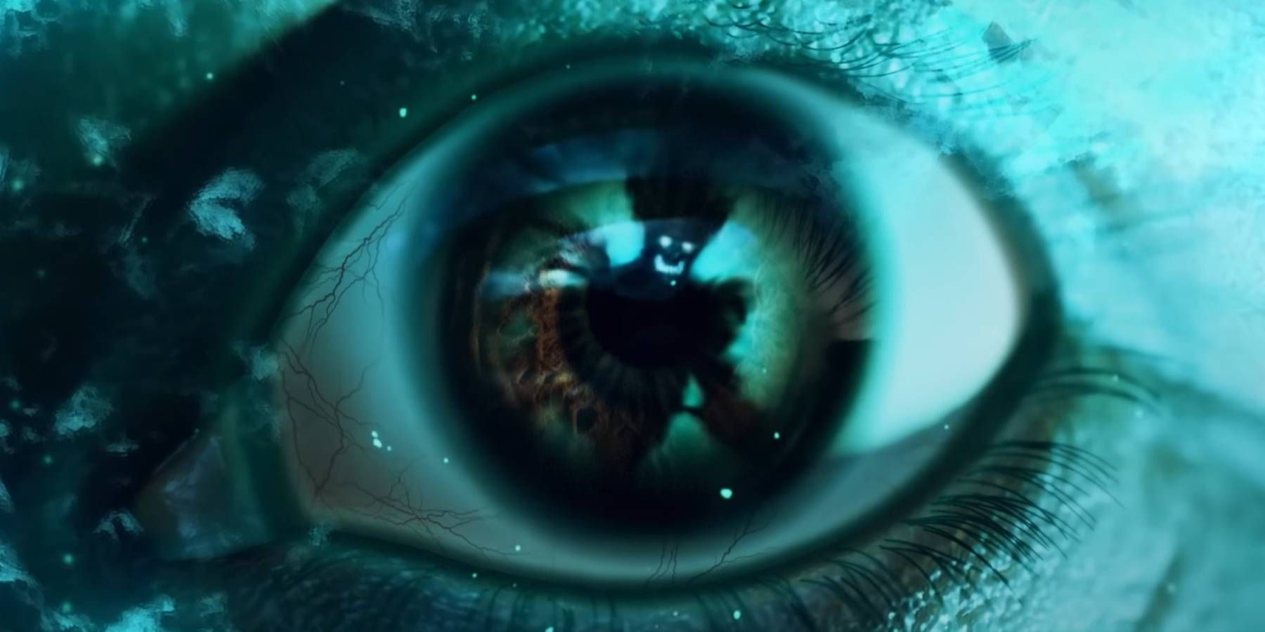 The reflection of a Haunt in Dwight's eye from Dead by Daylight's Haunted by Daylight trailer