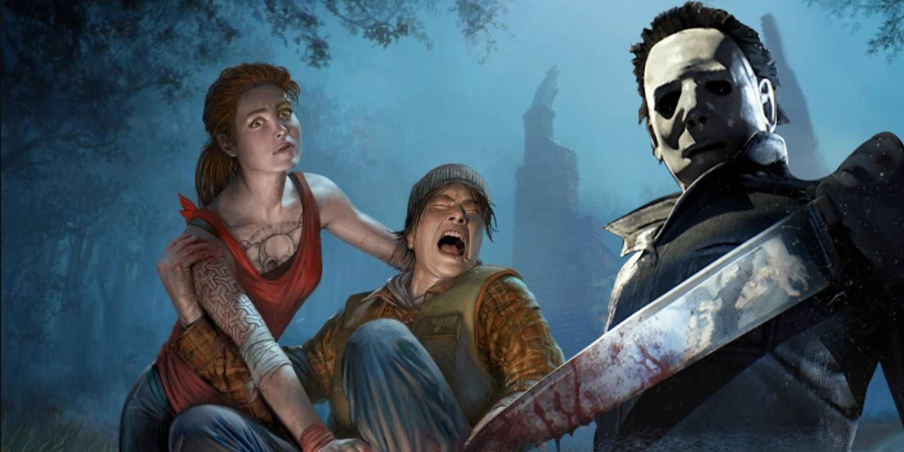 Michael Myers looming over Dead by Daylight promo art