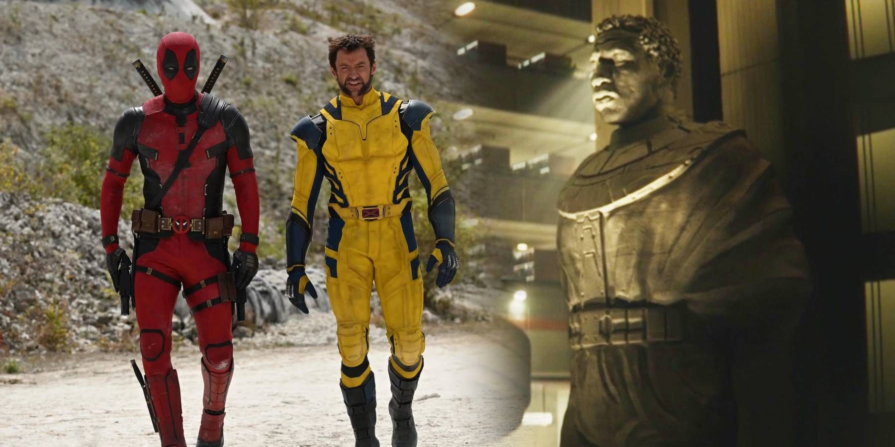 Ryan Reynolds as Deadpool and Hugh Jackman as Wolverine/Logan next to a statue of Kang/He Who Remains at the TVA from Loki