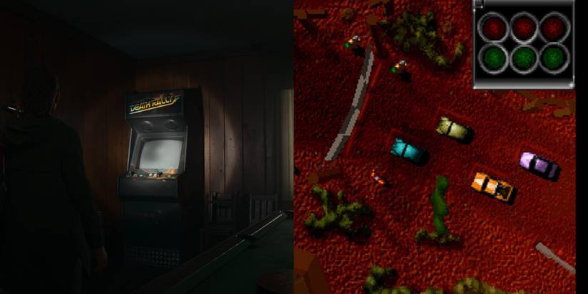 Split image showing Death Rally arcade in Alan Wake 2.