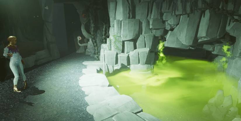 Deathloop Condition Detachment area filled with gas with an enemy standing nearby