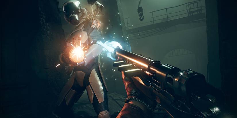 Deathloop Garbage Collector being attacked while shooting at the player