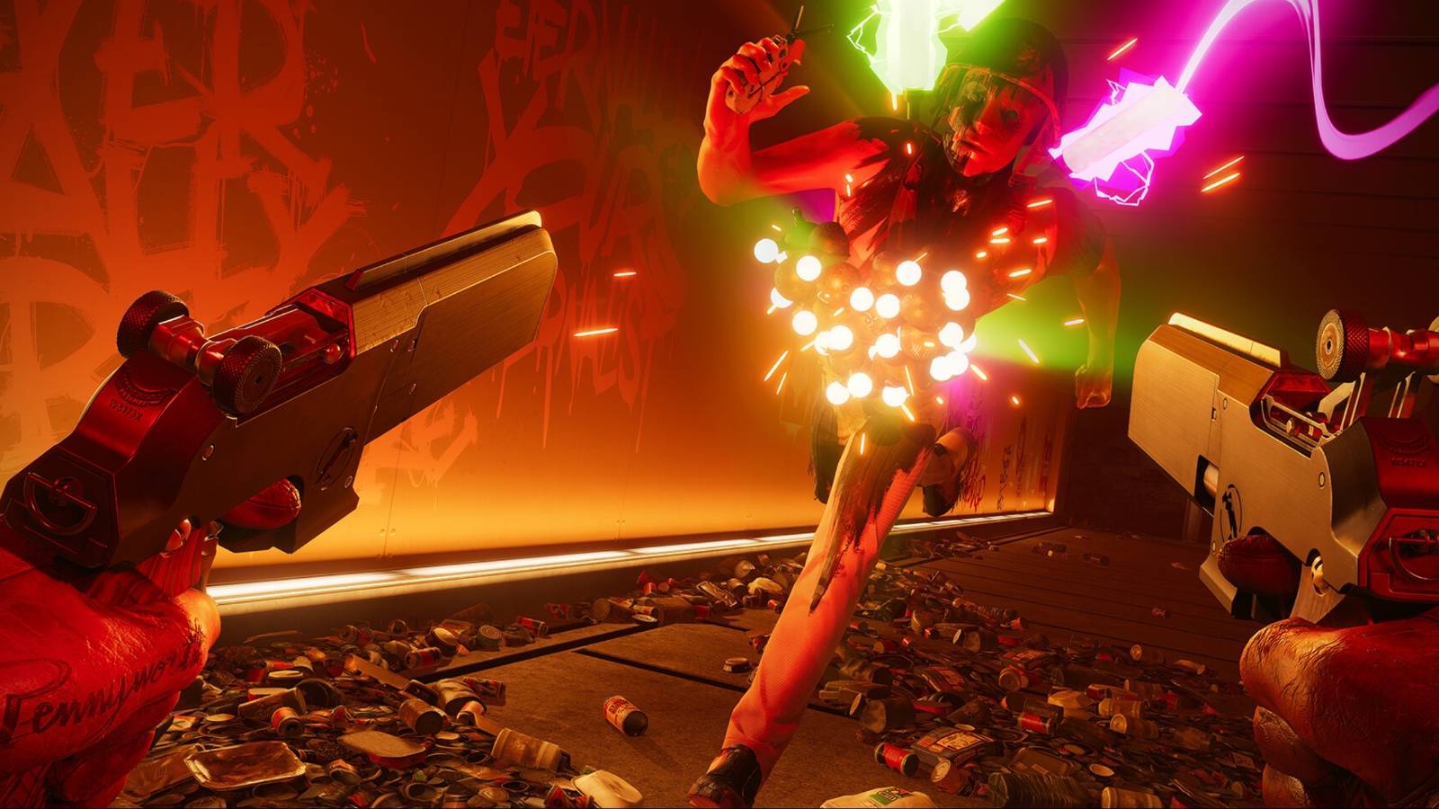 Deathloop paint bomb enemy approaching the player while they have two guns drawn