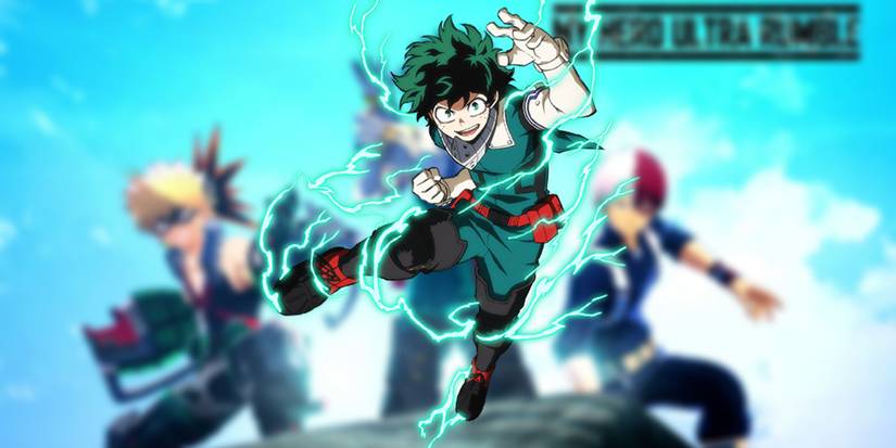 Deku in front of the my hero ultra rumble cover