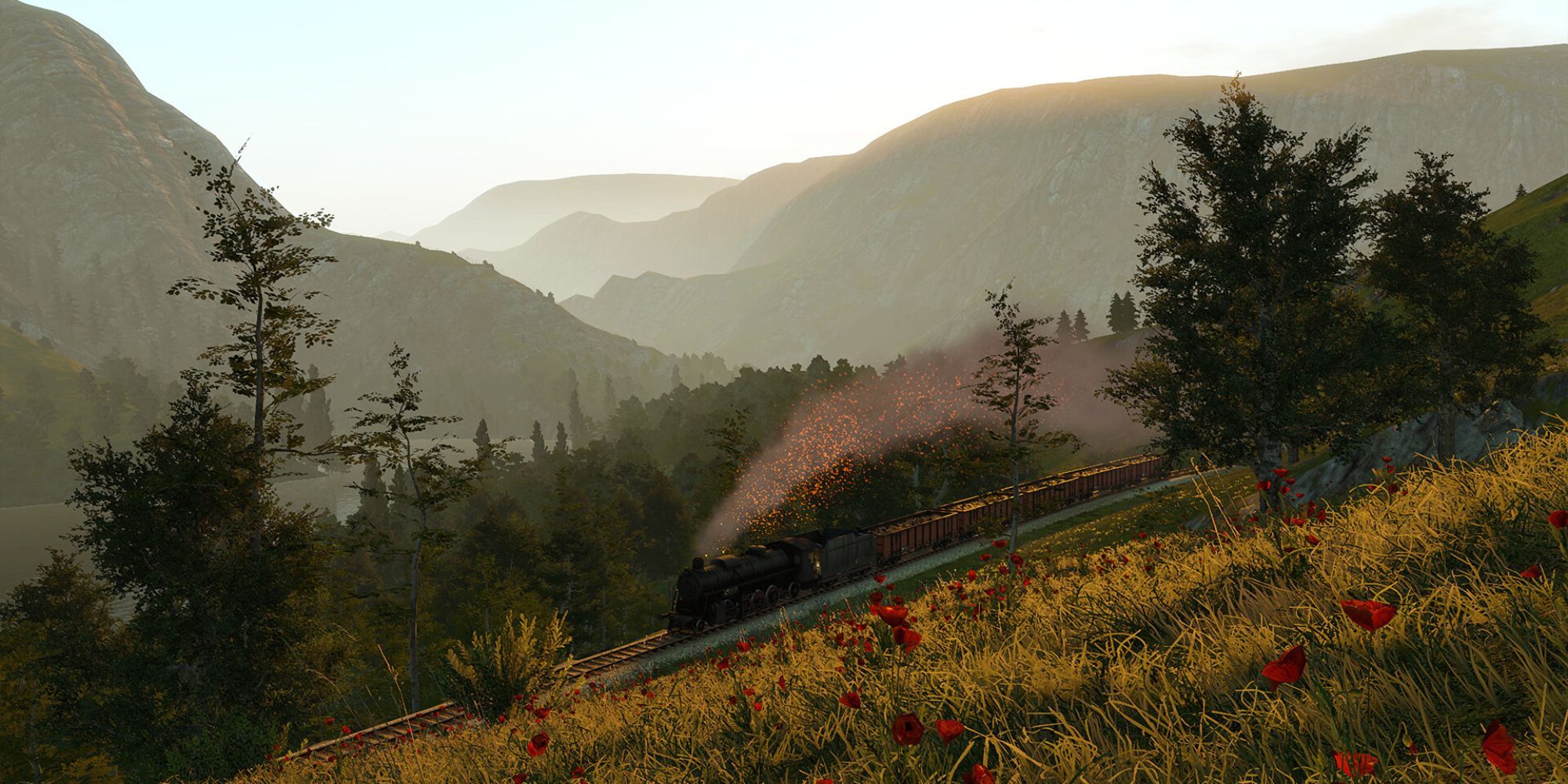 A train amongst the mountains in Derail Valley