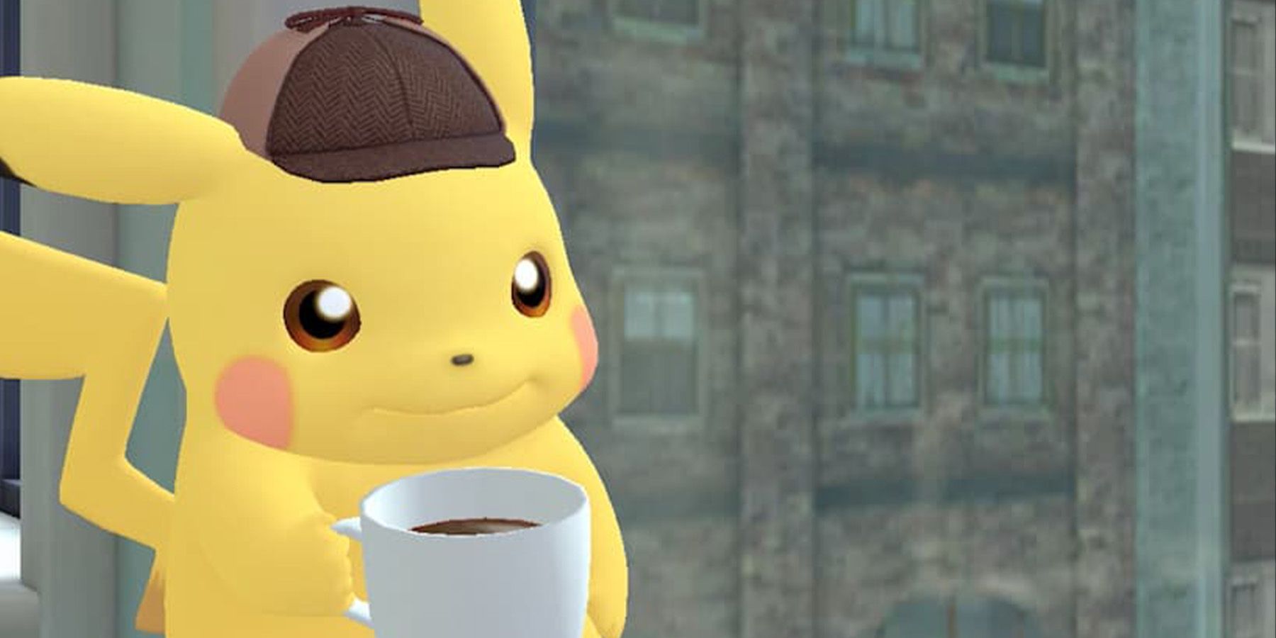Detective Pikachu drinking coffee