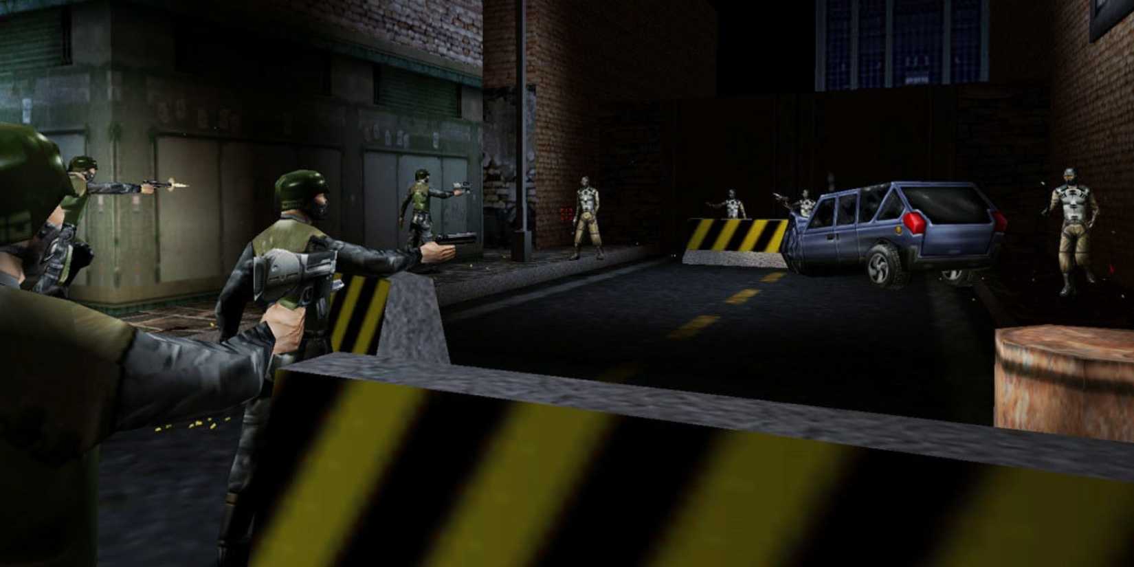 Two groups of people attacking each other in Deus Ex