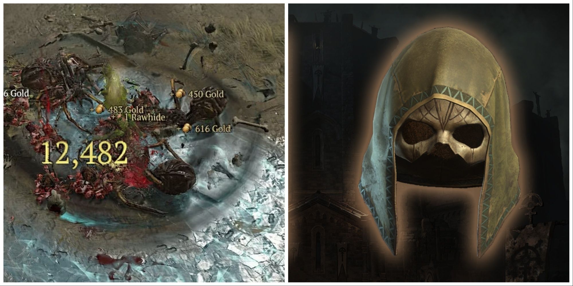 Diablo 4 split image of Penitent Greaves in action and Harlequin Crest