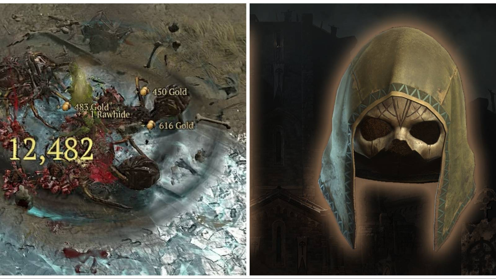 Diablo 4 split image of Penitent Greaves in action and Harlequin Crest