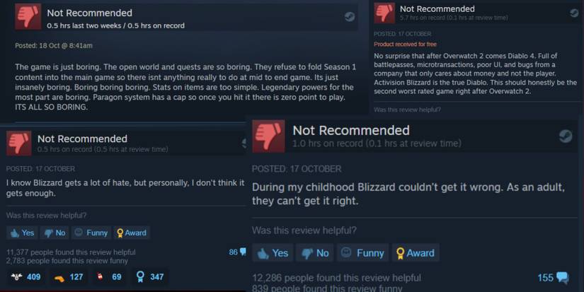 Negative reviews of Diablo 4 on Steam.