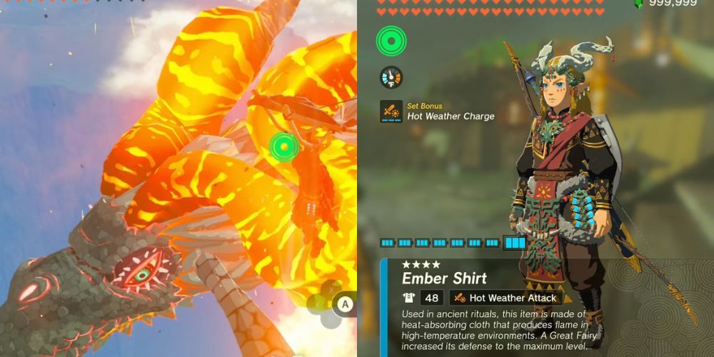 Dinraal the dragon and the Ember Armor Set, as seen in Zelda Tears of the Kingdom