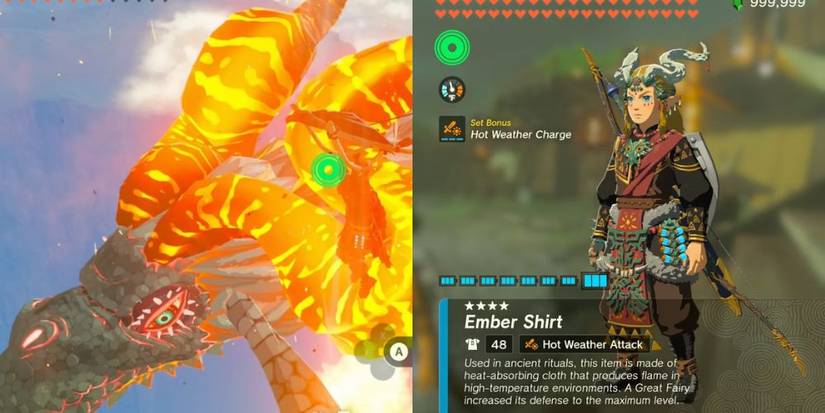 Dinraal the dragon and the Ember Armor Set, as seen in Zelda Tears of the Kingdom