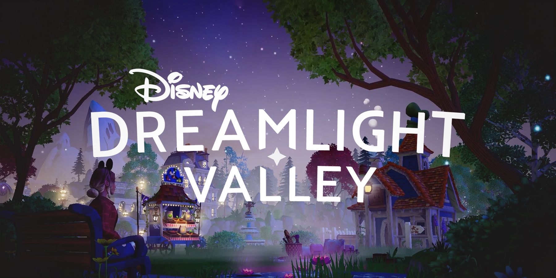 Disney Dreamlight Valley nighttime park promo shot plus game logo