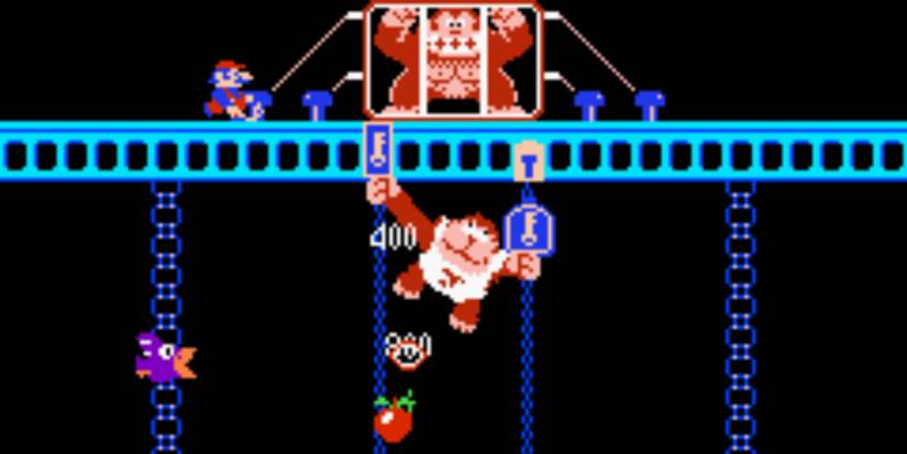 Donkey Kong Jr saving Donkey Kong from Mario's cage