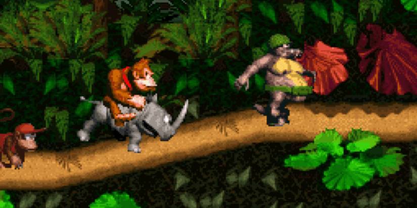 DK riding a rhino at a crocodile soldier
