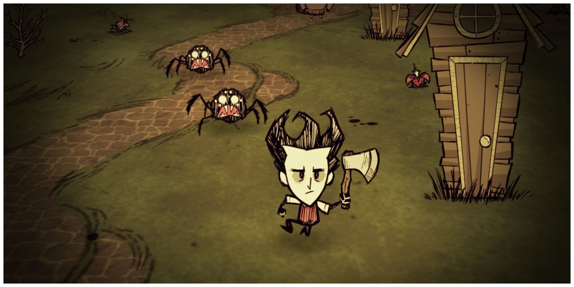 A small character holding an axe and running away from spiders in Don't Starve