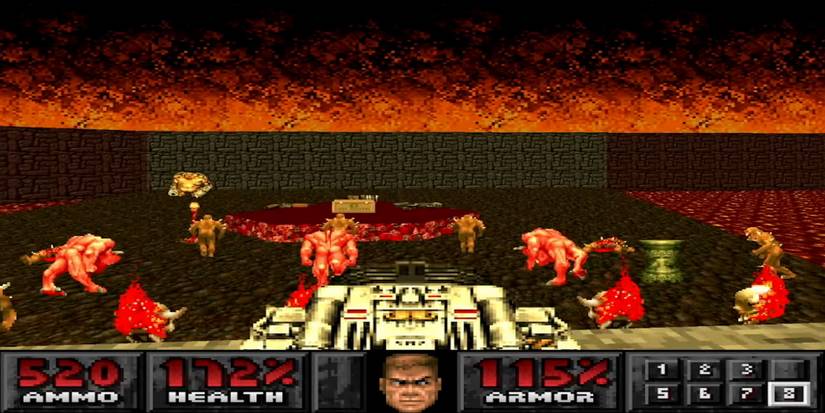 Doomguy aiming a BFG9000 over a swarm of demons while the sky burns in Doom