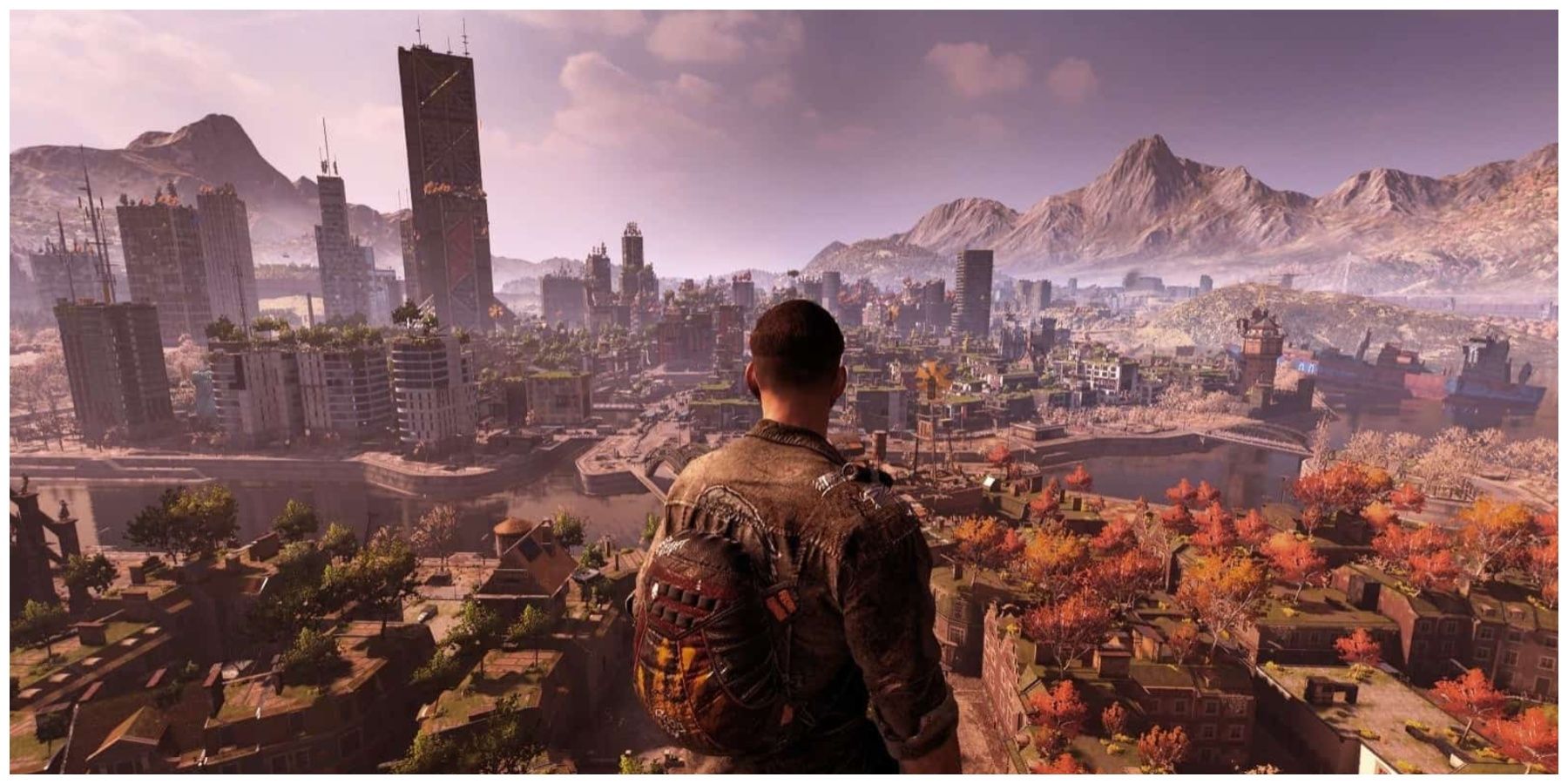 A man overlooking a city which is overgrown with nature in Dying Light 2