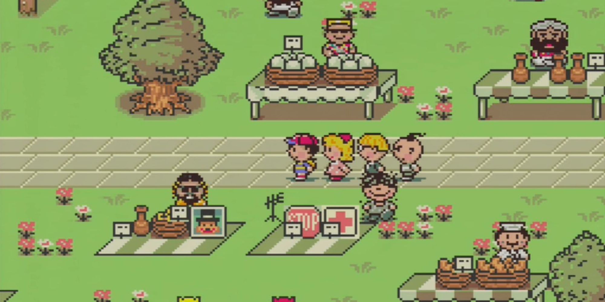 Ness and his friends walking through a town