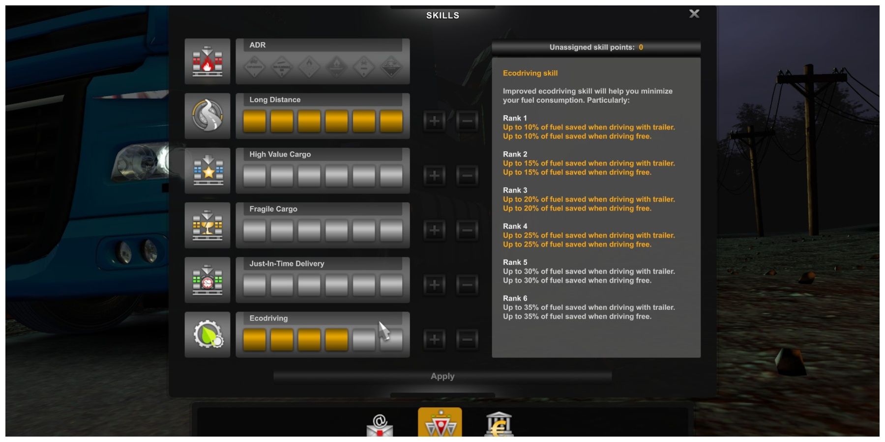 A screen showing the ranks of the Ecodriving skill in Euro Truck Simulator 2