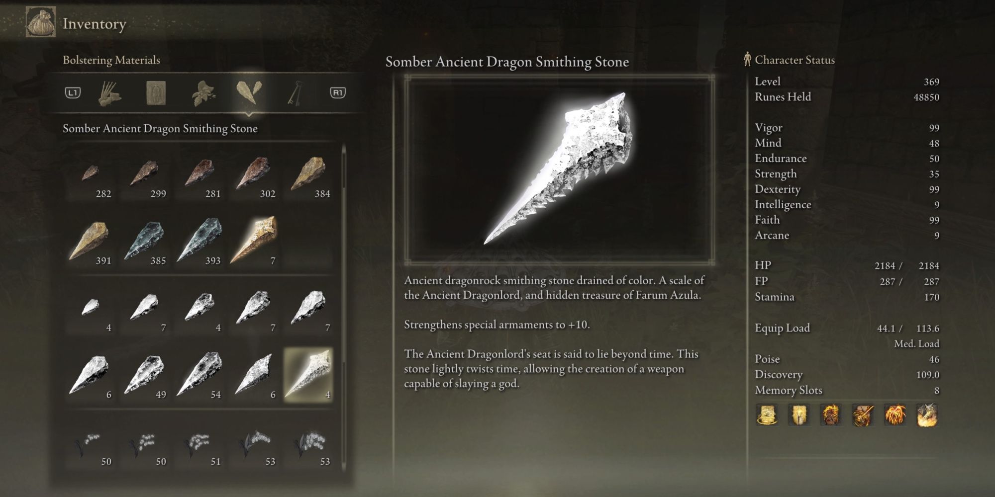 Somber Ancient Dragon Smithing Stone in Elden Ring.