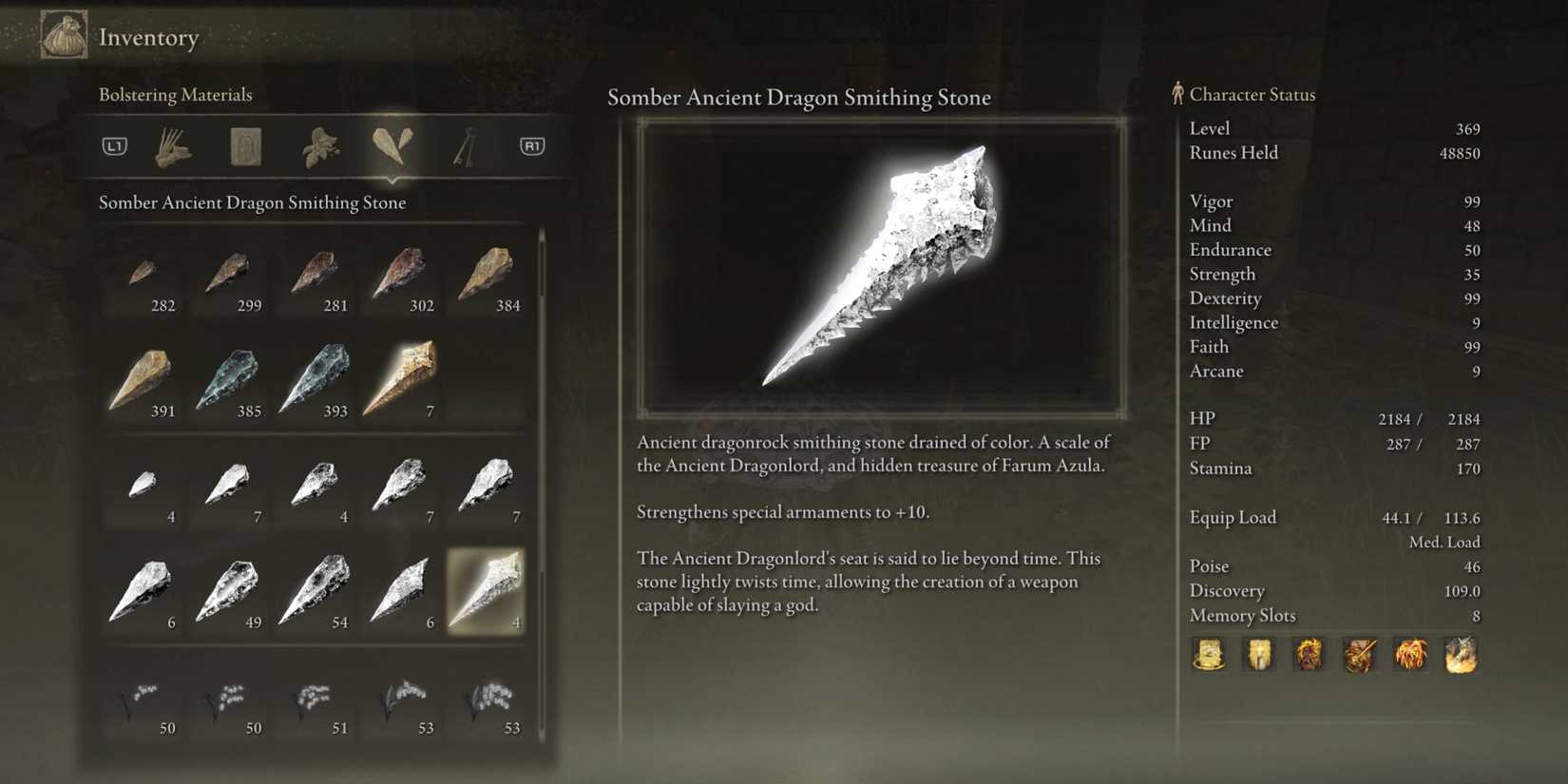 Somber Ancient Dragon Smithing Stone in Elden Ring.