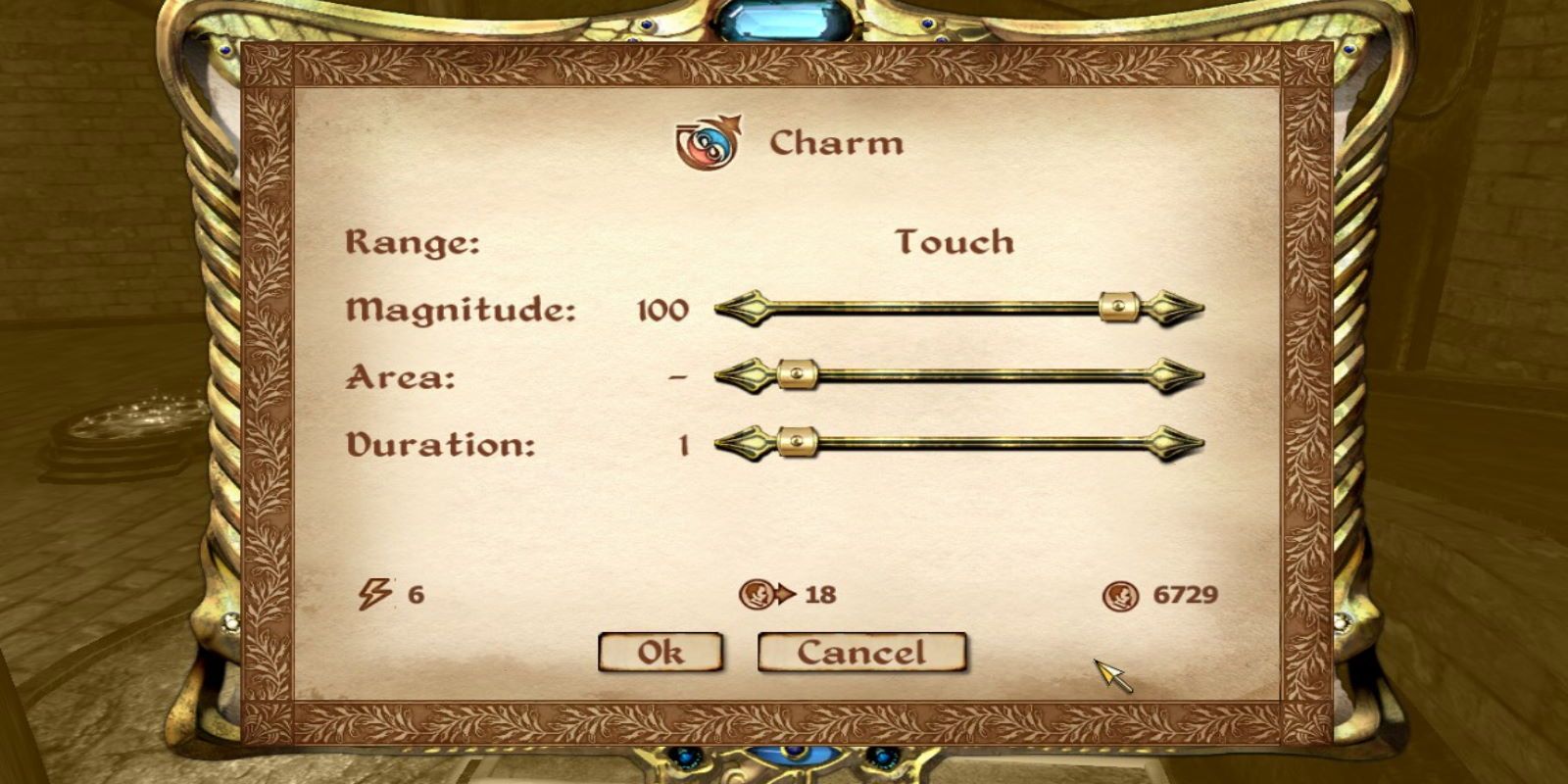 Create-A-Spell menu with details about a Charm spell