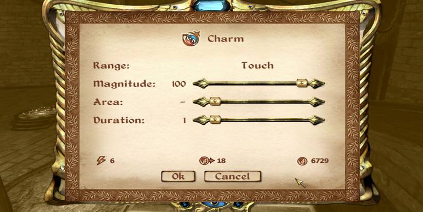 Create-A-Spell menu with details about a Charm spell