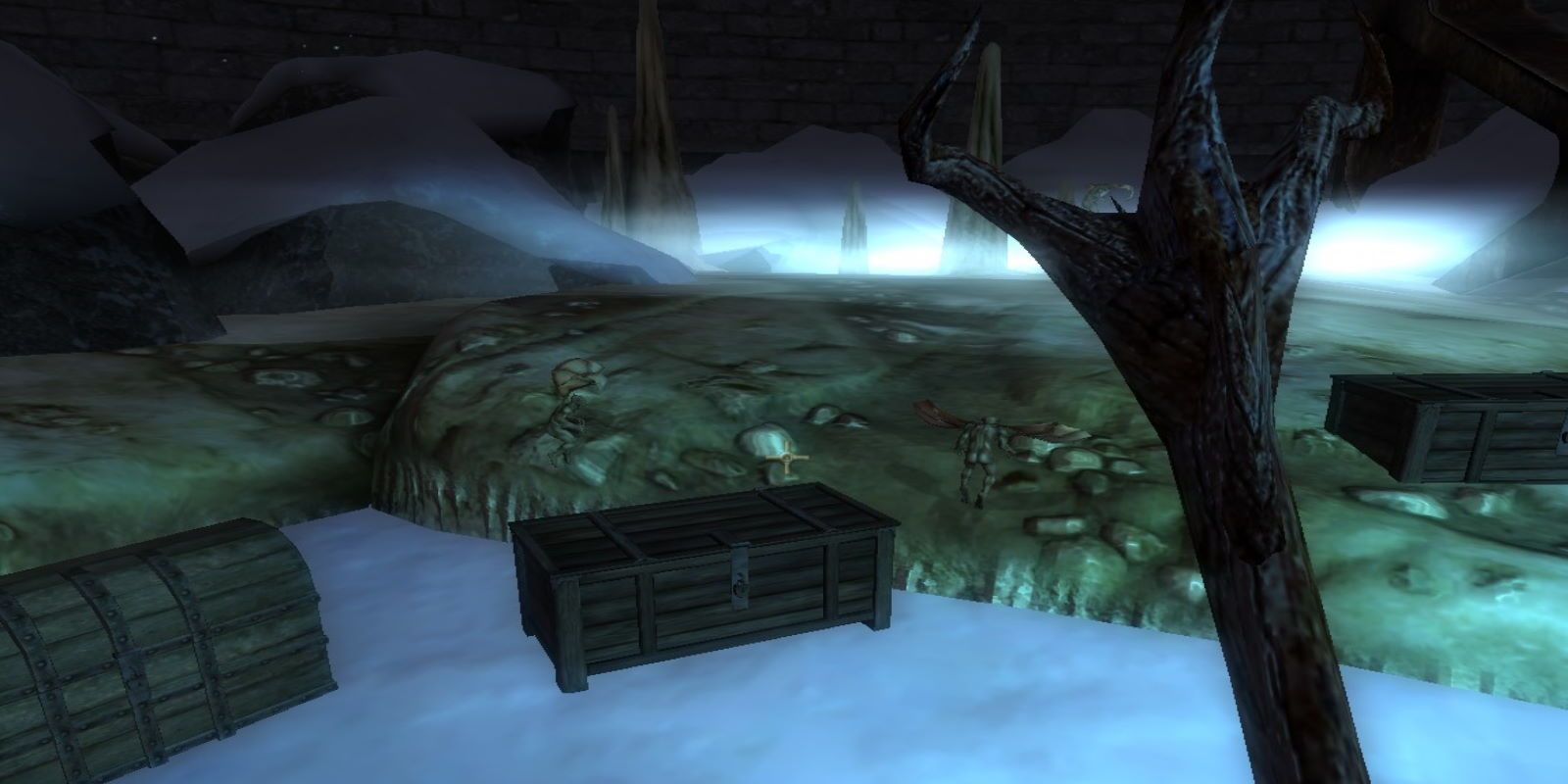 A staff in a frosty vault near some chests