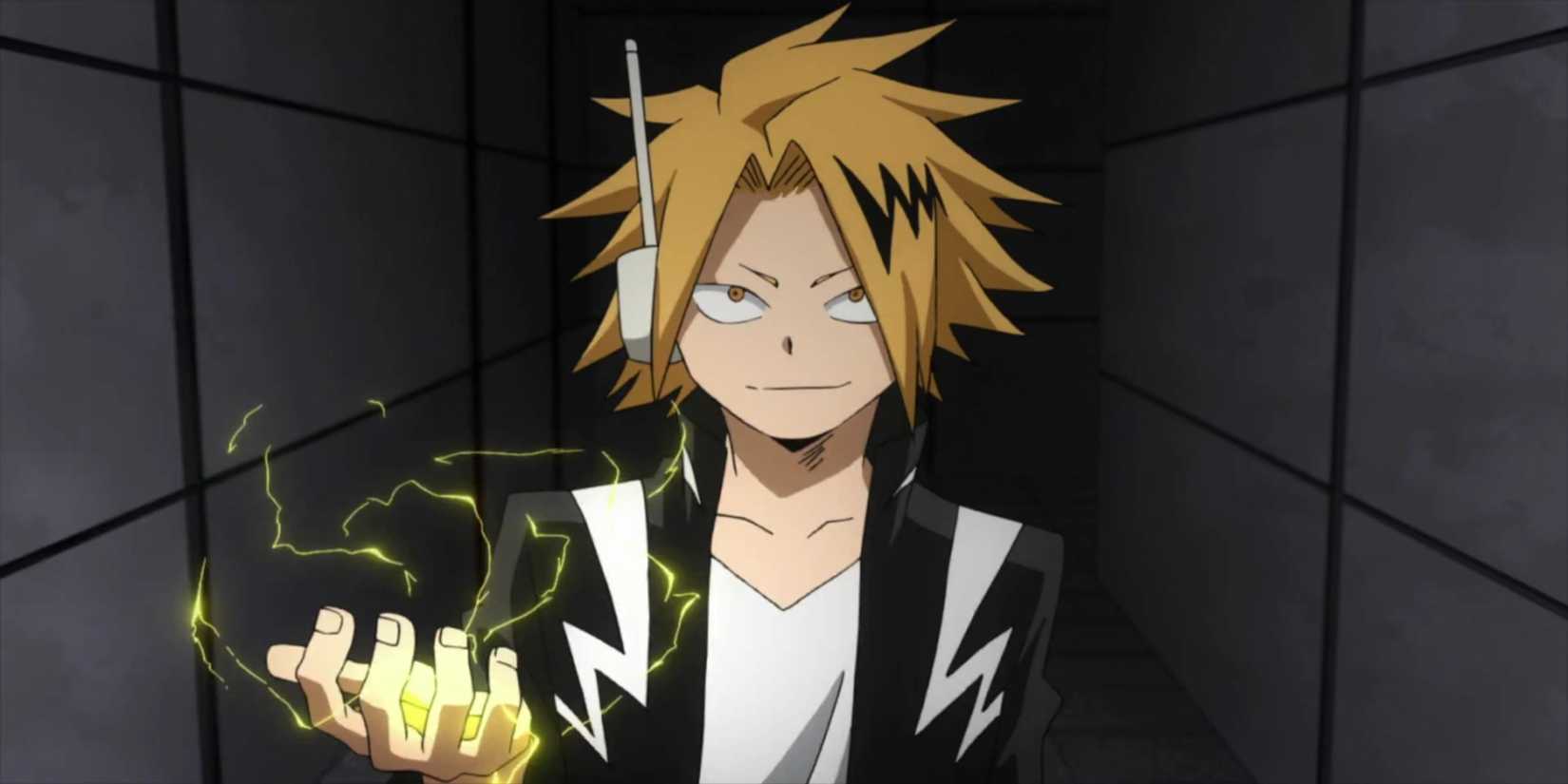 Denki Kaminari using Electrification to produce electricity in his hand in My Hero Academia