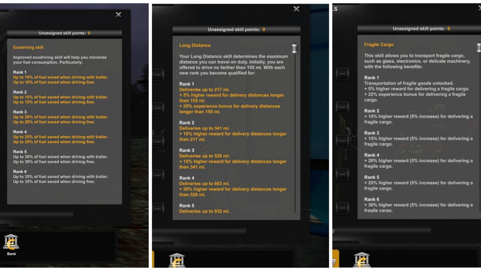 A trisplit of three of the Euro Truck Simulator 2 skills