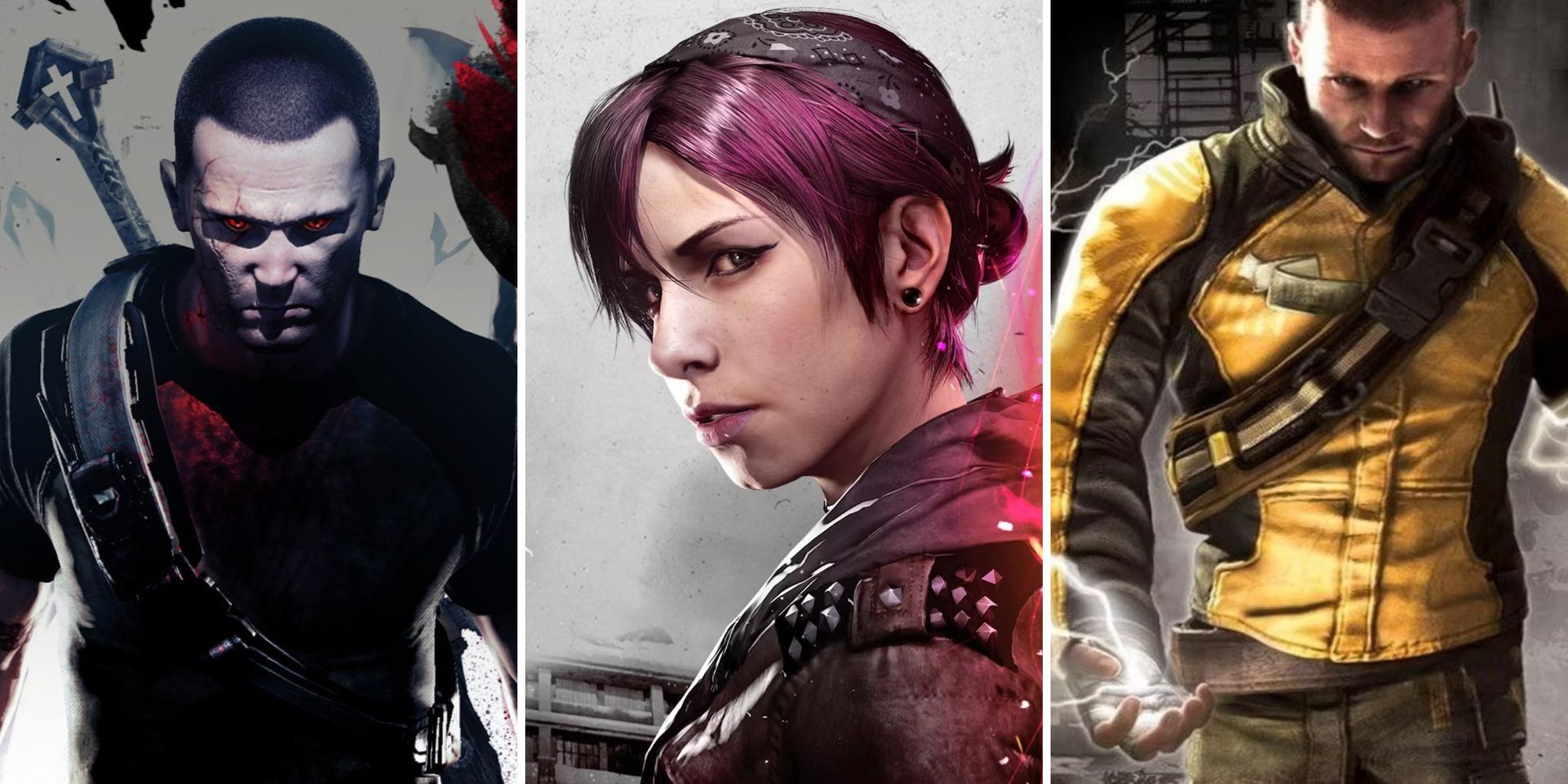 A grid showing Fetch from Infamous: New Light, and Cole from both Infamous: Festival of Blood, and the original Infamous game