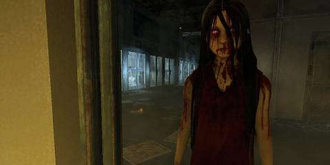A woman covered in blood in F.E.A.R.