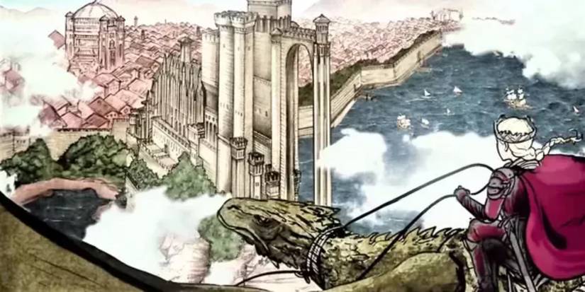 Rhaenyra's dragon descending on King's Landing