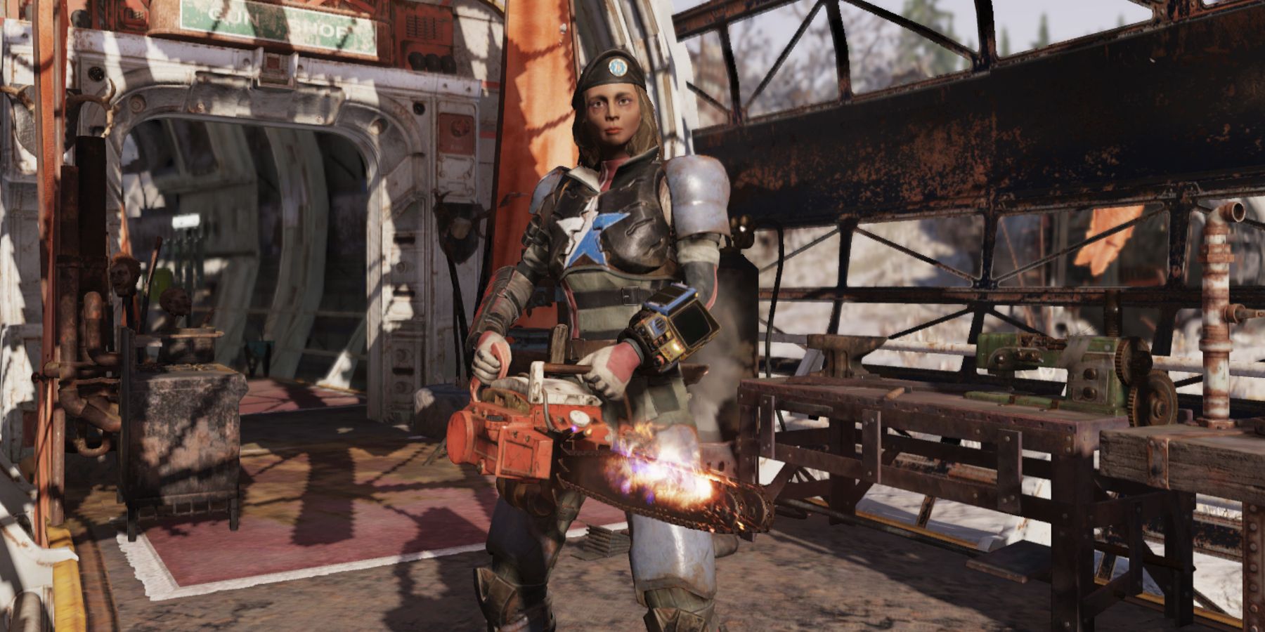 Fallout 76 Player with Flaming Chainsaw Weapon