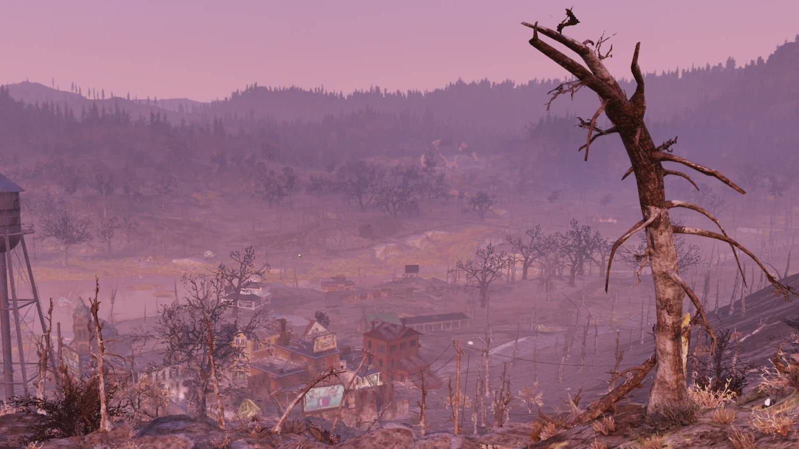 A ruined tree overlooking a settlement in Fallout 76