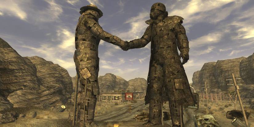 A monument of Fallout: New Vegas' NCR ranger and Desert Ranger shaking hands in agreement
