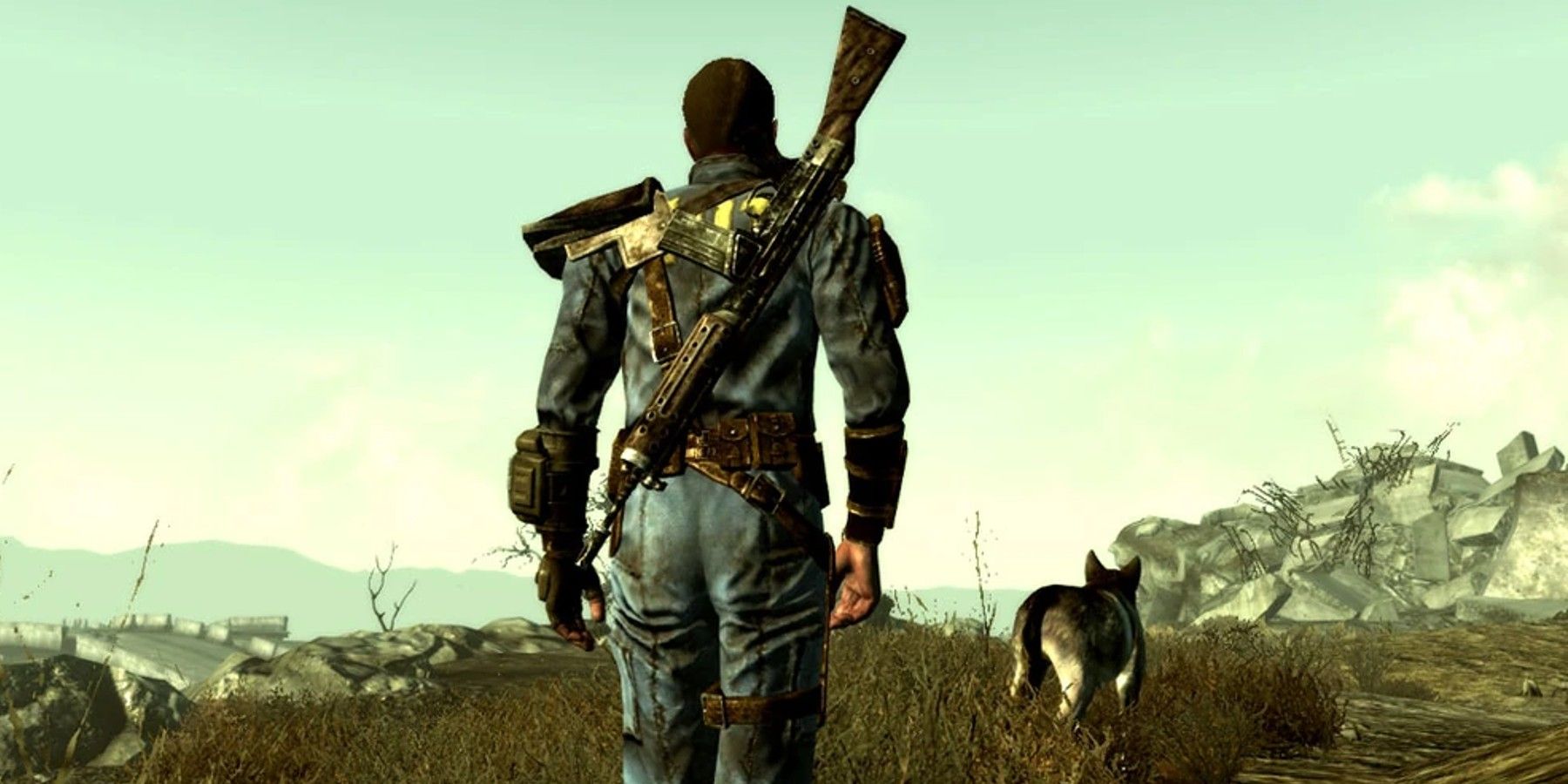 Fallout 3 protagonist the Lone Wanderer exploring the wastelands with Dogmeat