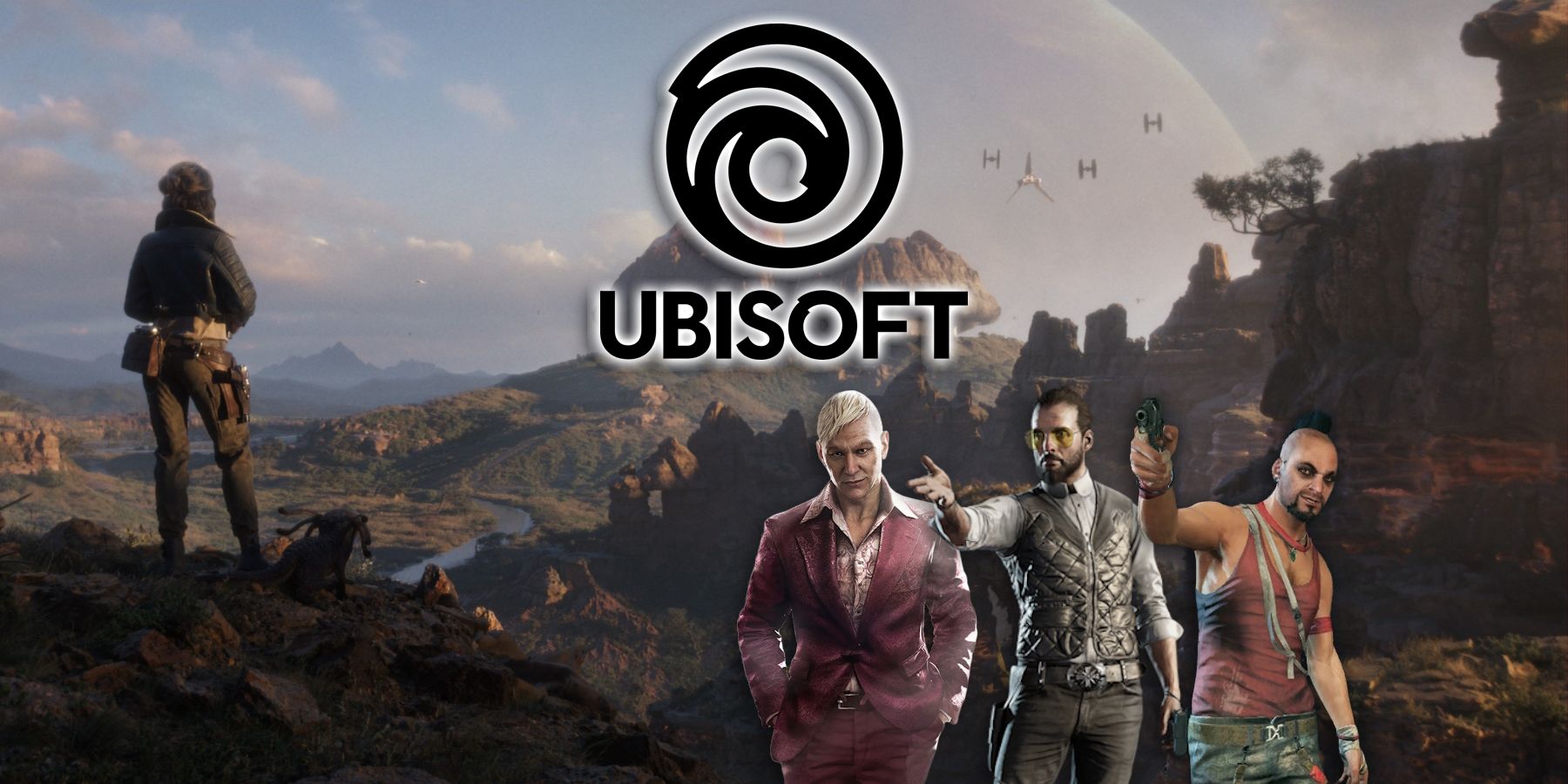 Far Cry villains over Star Wars Outlaws promo shot with Ubisoft logo