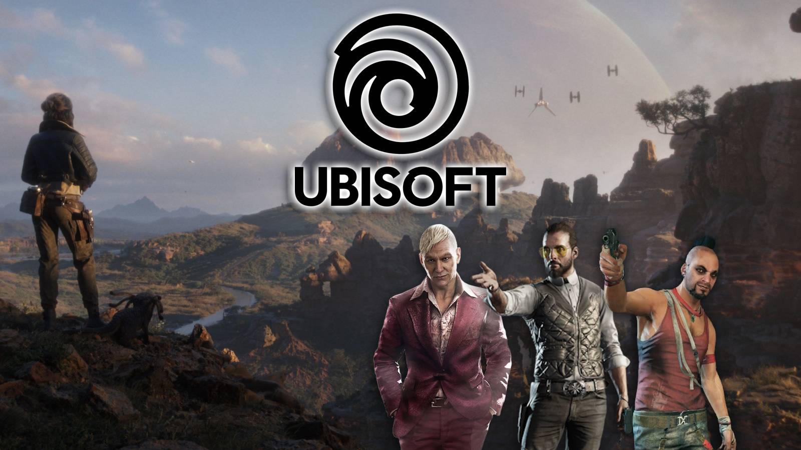 Far Cry villains over Star Wars Outlaws promo shot with Ubisoft logo