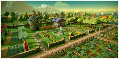 A big farm with a windmill and a small house amongst the fields in Farm Together