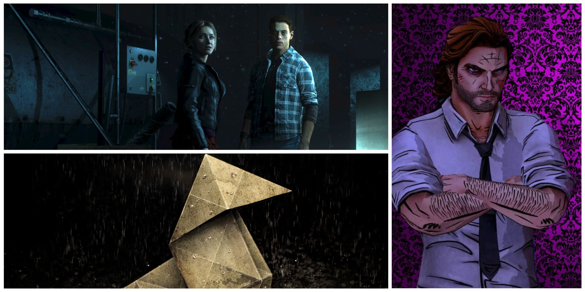 10 Best Interactive Thrillers of All Time, Ranked - Feature Images of Until Dawn, Heavy Rain and Wolf Among Us