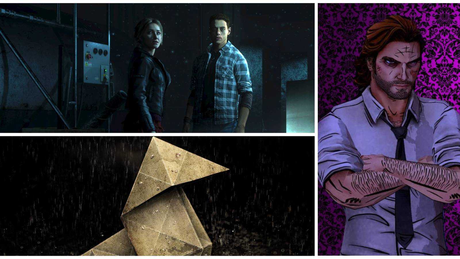 10 Best Interactive Thrillers of All Time, Ranked - Feature Images of Until Dawn, Heavy Rain and Wolf Among Us
