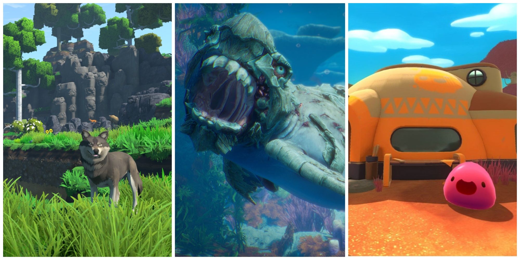 A trisplit of a wolf waiting in grass from Eco, a shark with an armoured head in Maneater, and a happy pink slime in front of a house in Slime Rancher