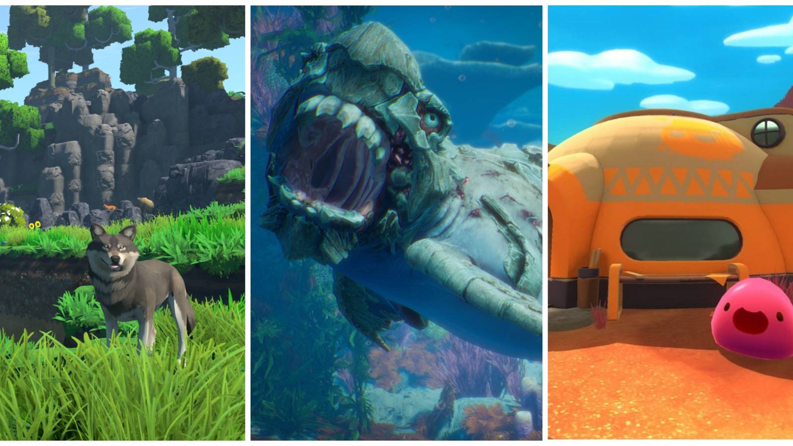 A trisplit of a wolf waiting in grass from Eco, a shark with an armoured head in Maneater, and a happy pink slime in front of a house in Slime Rancher